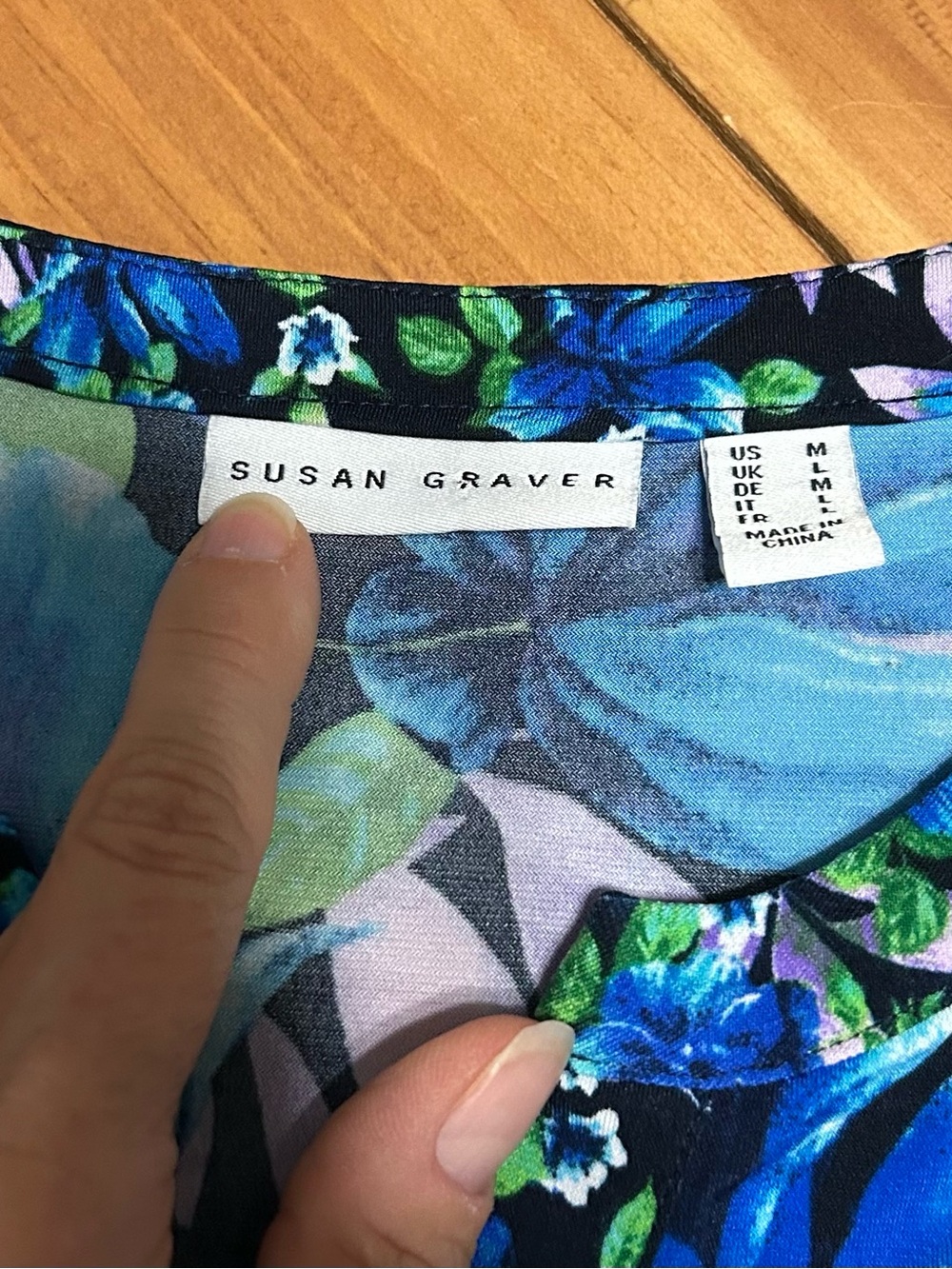 Susan Graver Black Floral V-Neck Tunic with Blue, Green & Purple Blooms - Picture 3 of 7